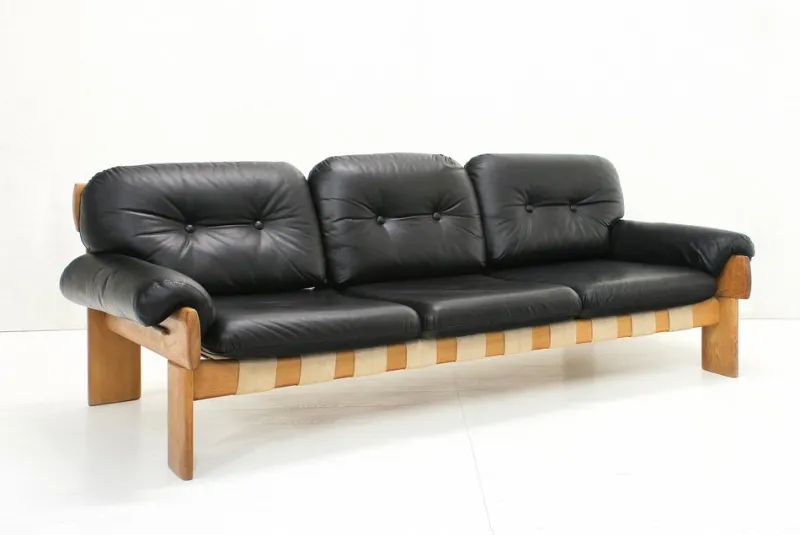 Pamono Oak and Leather Africa Armchairs and Sofa by Esko Pajamies for Asko Oy, 1970s, Set of 3> Living Room Sets