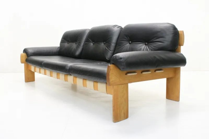 Pamono Oak and Leather Africa Armchairs and Sofa by Esko Pajamies for Asko Oy, 1970s, Set of 3> Living Room Sets