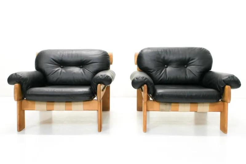 Pamono Oak and Leather Africa Armchairs and Sofa by Esko Pajamies for Asko Oy, 1970s, Set of 3> Living Room Sets