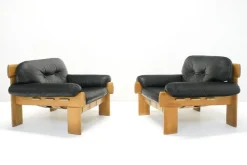 Pamono Oak and Leather Africa Armchairs and Sofa by Esko Pajamies for Asko Oy, 1970s, Set of 3><noscript><img width=