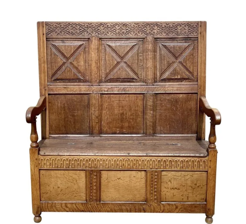 Online Pamono Oak Storage Bench, 19th Century