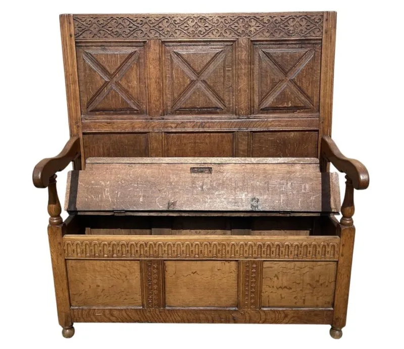 Online Pamono Oak Storage Bench, 19th Century