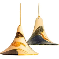 Pamono Ochre Blue Cream Orange Ceramic Cone Pendants, Denmark, 1970, Set of 2> Ceiling Lights