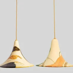Pamono Ochre Blue Cream Orange Ceramic Cone Pendants, Denmark, 1970, Set of 2><noscript><img width=