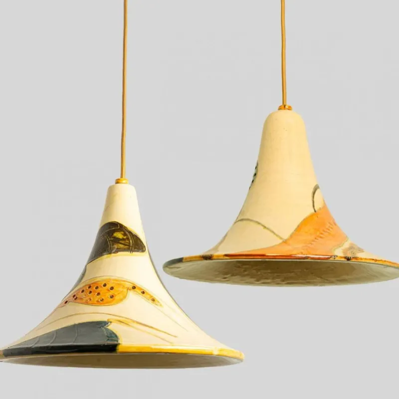 Pamono Ochre Blue Cream Orange Ceramic Cone Pendants, Denmark, 1970, Set of 2> Ceiling Lights