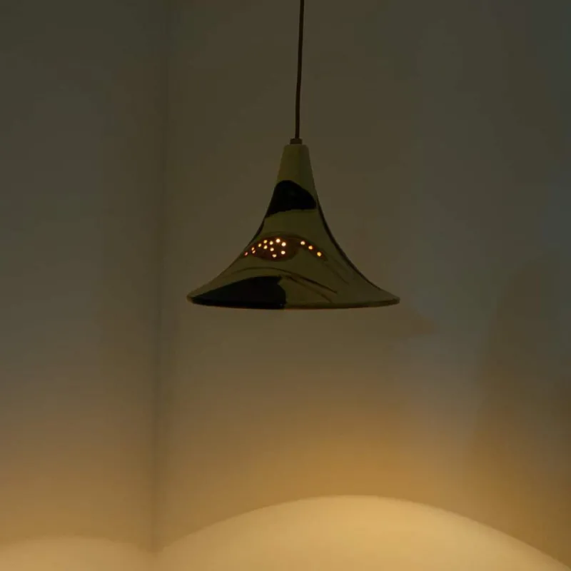 Pamono Ochre Blue Cream Orange Ceramic Cone Pendants, Denmark, 1970, Set of 2> Ceiling Lights