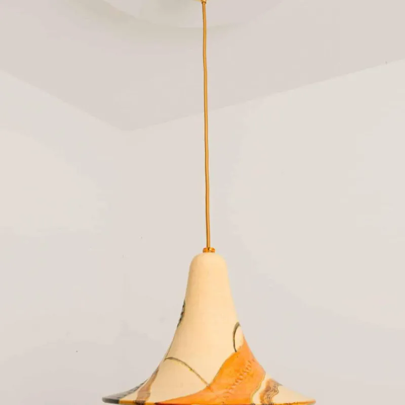 Pamono Ochre Blue Cream Orange Ceramic Cone Pendants, Denmark, 1970, Set of 2> Ceiling Lights