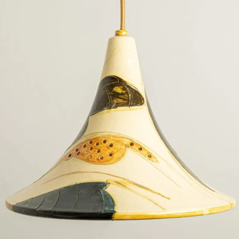 Pamono Ochre Blue Cream Orange Ceramic Cone Pendants, Denmark, 1970, Set of 2> Ceiling Lights