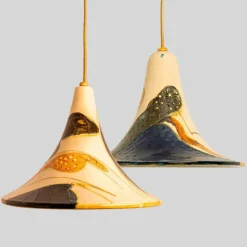Pamono Ochre Ceramic Cone Pendants, Denmark, 1970, Set of 2> Ceiling Lights