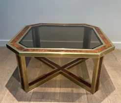 Sale Pamono Octagonal Burl Walnut and Brass Coffee Table, 1970s