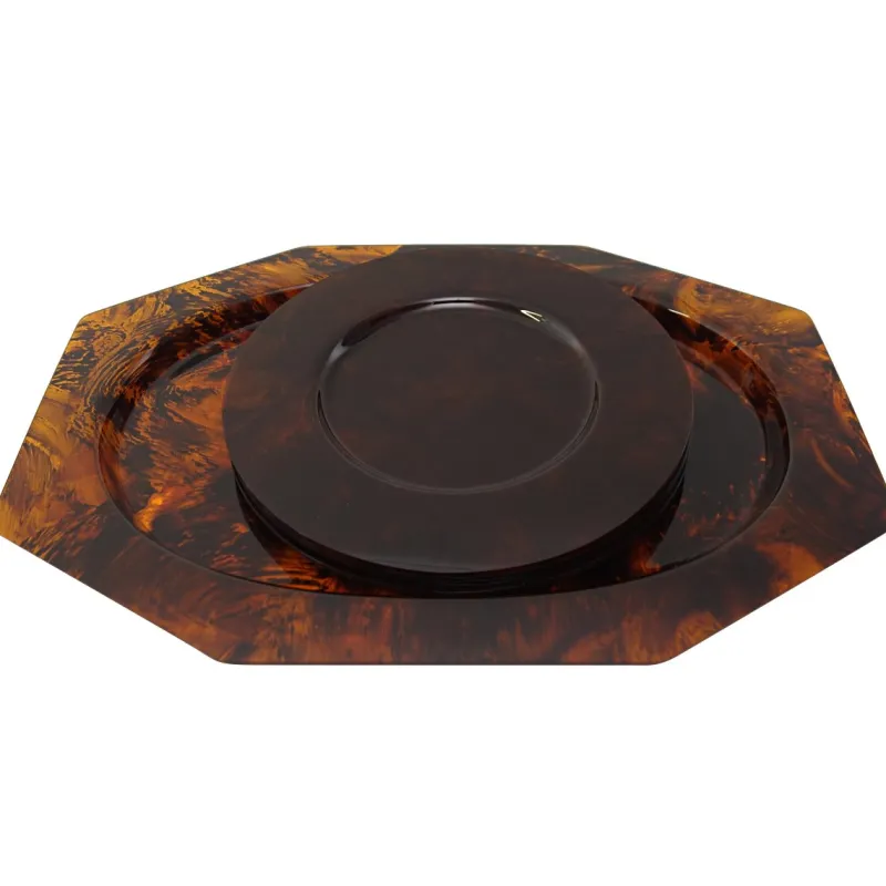 Pamono Octagonal Faux Tortoiseshell Tray with Round Plates attributed to Dior, 1970s, Set of 5> Trays
