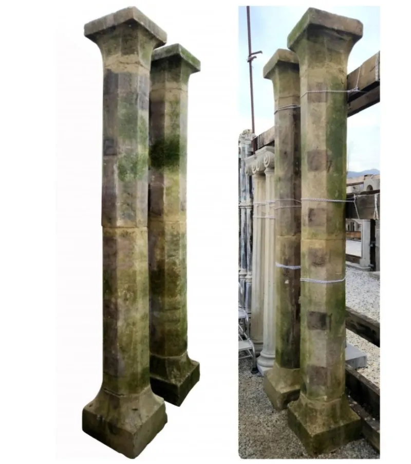 Pamono Octagonal Section Limestone Columns, 1800s, Set of 2> Pedestals And Columns