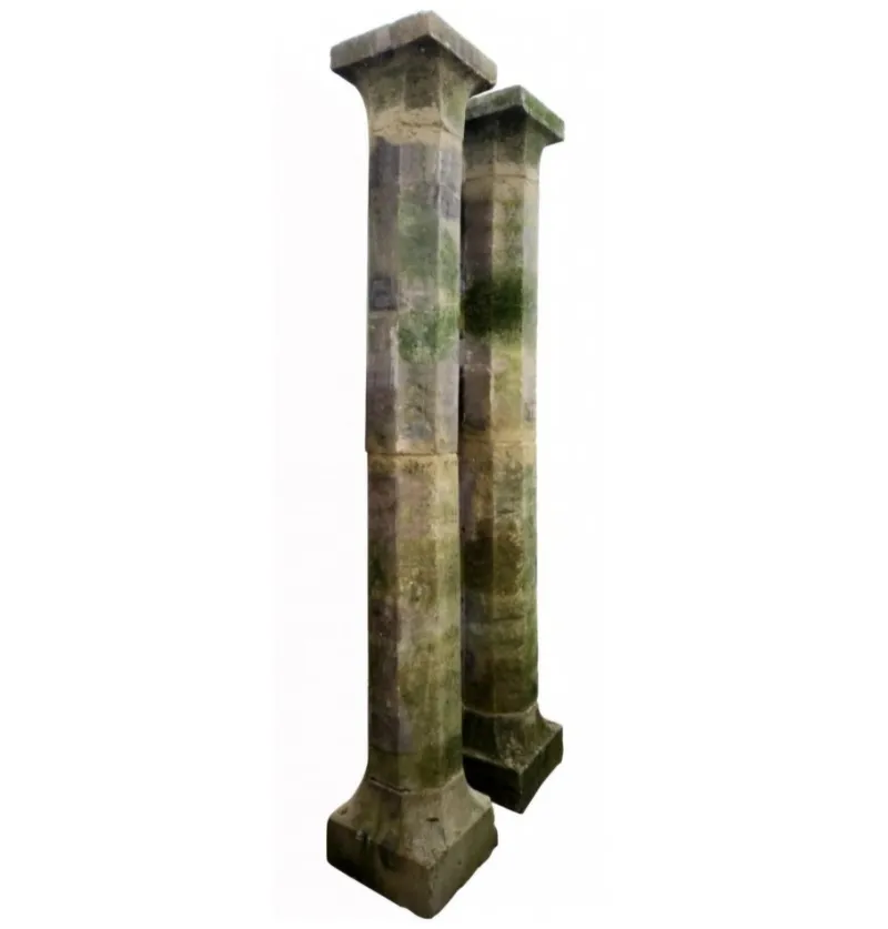 Pamono Octagonal Section Limestone Columns, 1800s, Set of 2> Pedestals And Columns