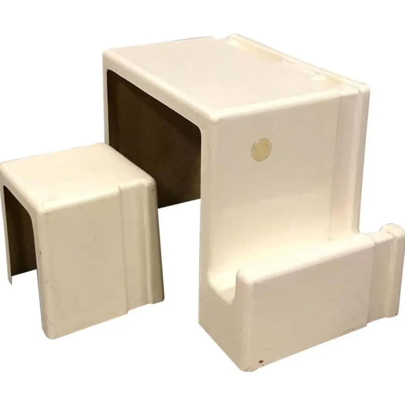 New Pamono Off-White Plastic Childrens Desk and Stool, 1970s, Set 2