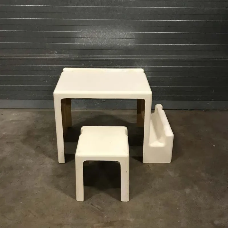 New Pamono Off-White Plastic Childrens Desk and Stool, 1970s, Set 2