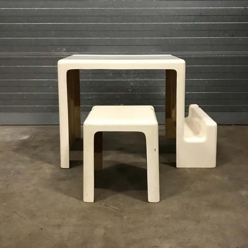 New Pamono Off-White Plastic Childrens Desk and Stool, 1970s, Set 2