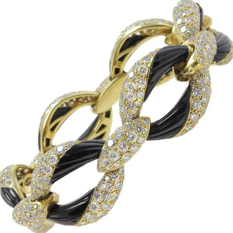 Pamono Onyx and Yellow Gold Link Bracelet with Diamonds> Bracelets
