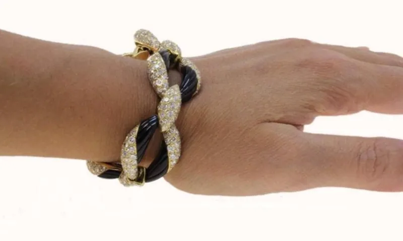 Pamono Onyx and Yellow Gold Link Bracelet with Diamonds> Bracelets