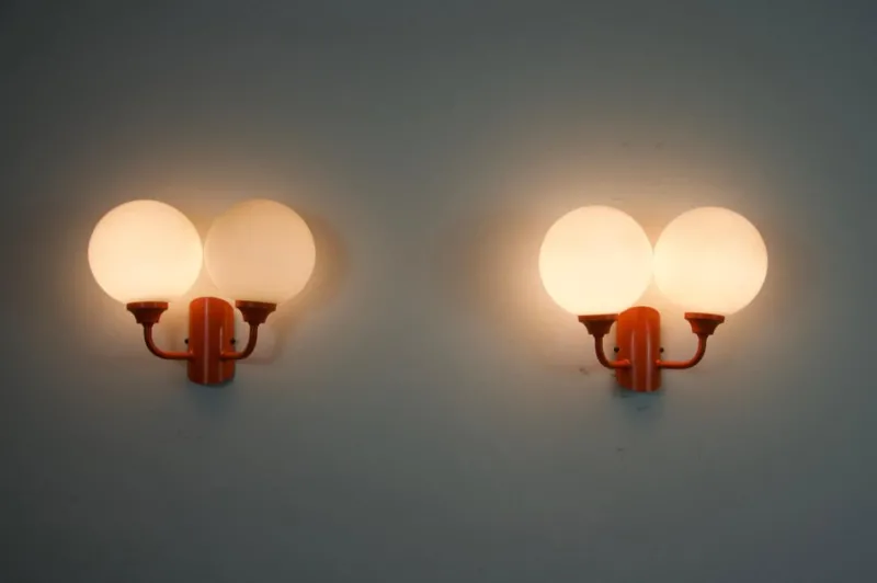Pamono Orange Metal and Opaline Glass Wall Lamps, 1960s, Set of 2> Wall Lights & Sconces