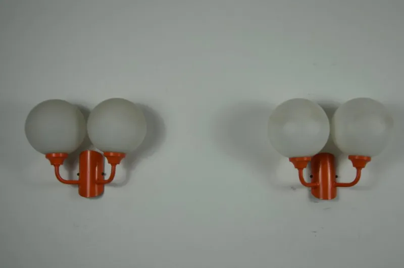 Pamono Orange Metal and Opaline Glass Wall Lamps, 1960s, Set of 2> Wall Lights & Sconces