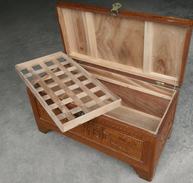 Pamono Oriental Carved Camphor Wood Chest, 1930s> Trunks Crates & Baskets