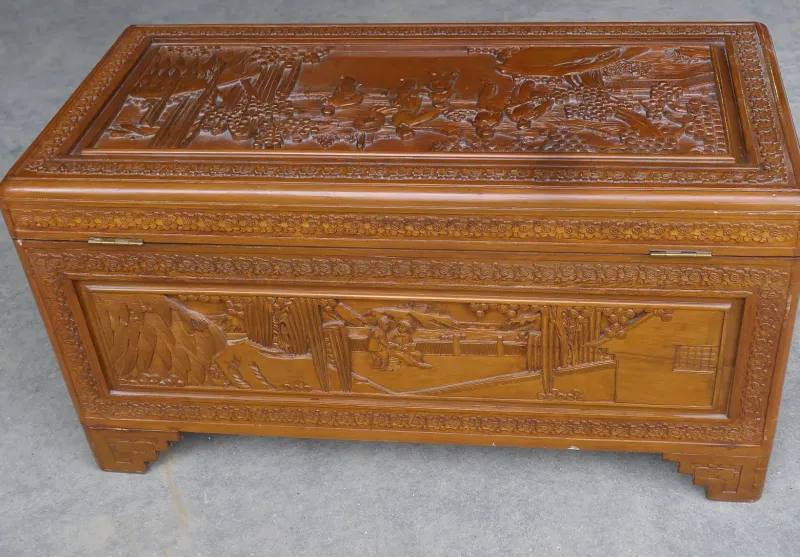 Pamono Oriental Carved Camphor Wood Chest, 1930s> Trunks Crates & Baskets