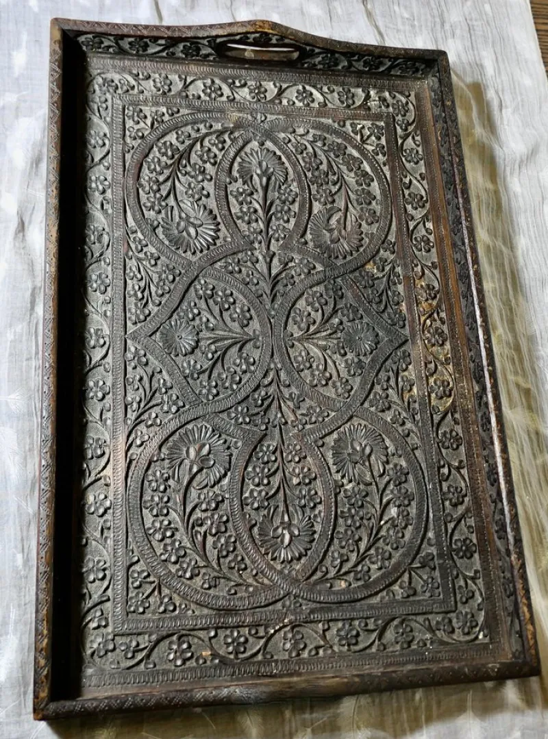 Discount Pamono Oriental Folk Art Carved Tray, 1900s
