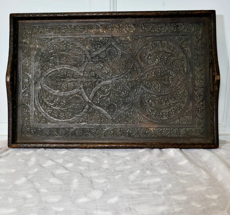 Discount Pamono Oriental Folk Art Carved Tray, 1900s