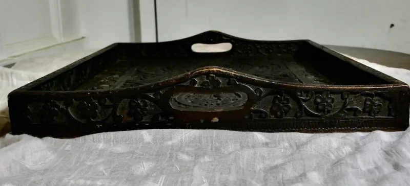 Discount Pamono Oriental Folk Art Carved Tray, 1900s