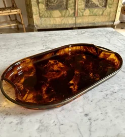 Outlet Pamono Oval Acrylic Serving Tray in Faux Tortoiseshell -Brass from Guzzini, Italy, 1970s
