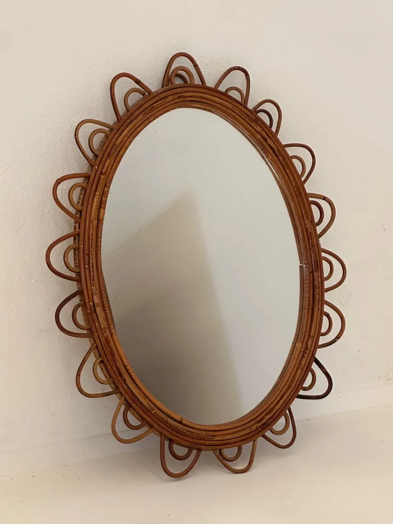 New Pamono Oval Bamboo Rattan Mirror, 1970s