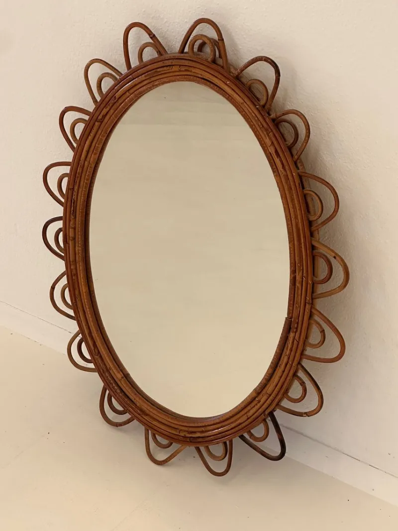 New Pamono Oval Bamboo Rattan Mirror, 1970s