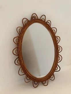 New Pamono Oval Bamboo Rattan Mirror, 1970s