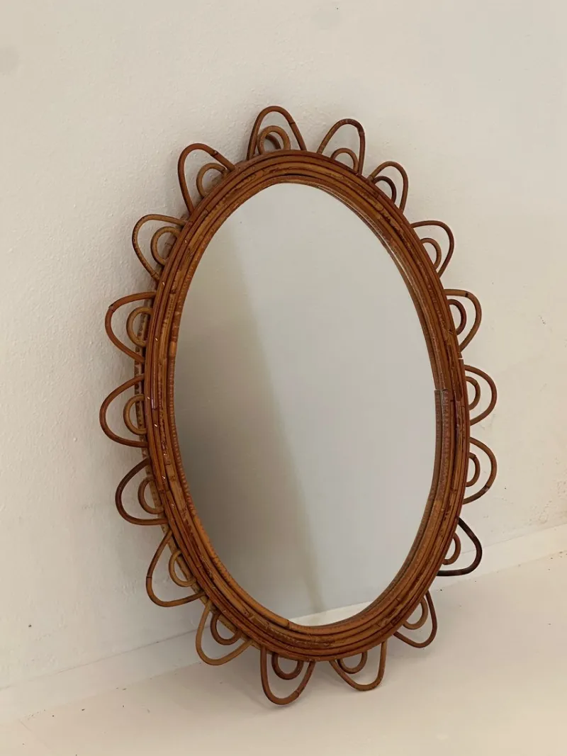 New Pamono Oval Bamboo Rattan Mirror, 1970s