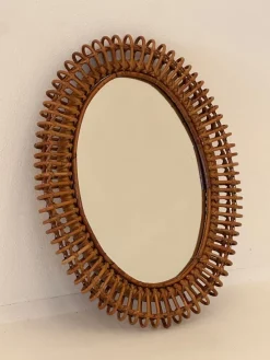 Pamono Oval Bamboo Rattan Mirror, 1970s> Mirrors