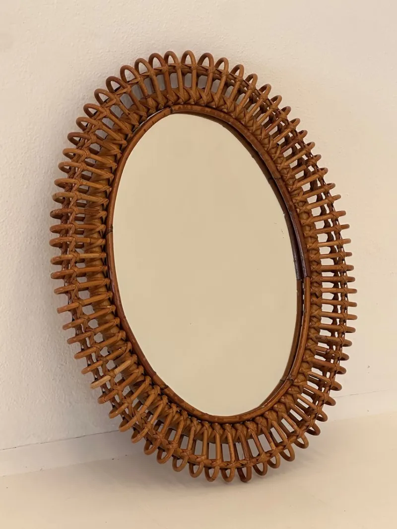 Pamono Oval Bamboo Rattan Mirror, 1970s> Mirrors
