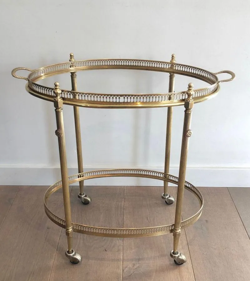 Pamono Oval Brass Rolling Table with Removable Top by Maison Jansen> Serving Bar Carts & Trolleys