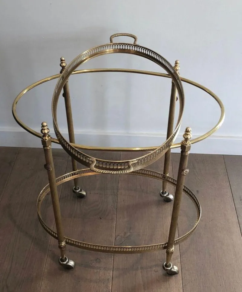Pamono Oval Brass Rolling Table with Removable Top by Maison Jansen> Serving Bar Carts & Trolleys