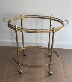 Pamono Oval Brass Rolling Table with Removable Top by Maison Jansen><noscript><img width=