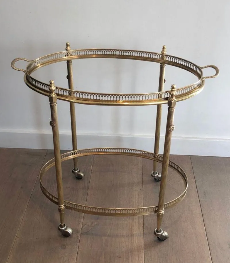 Pamono Oval Brass Rolling Table with Removable Top by Maison Jansen> Serving Bar Carts & Trolleys