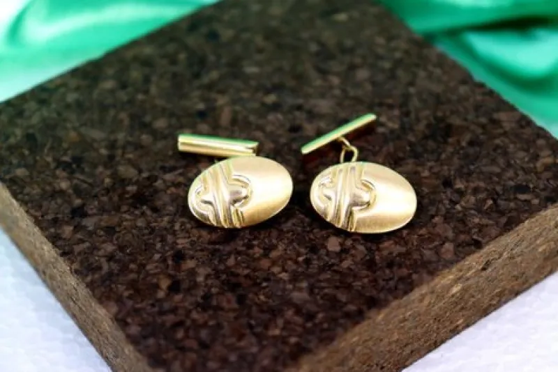 Pamono Oval Gold Cufflinks with Reliefs and Bands on the Crossbars, Set of 2> Cufflinks
