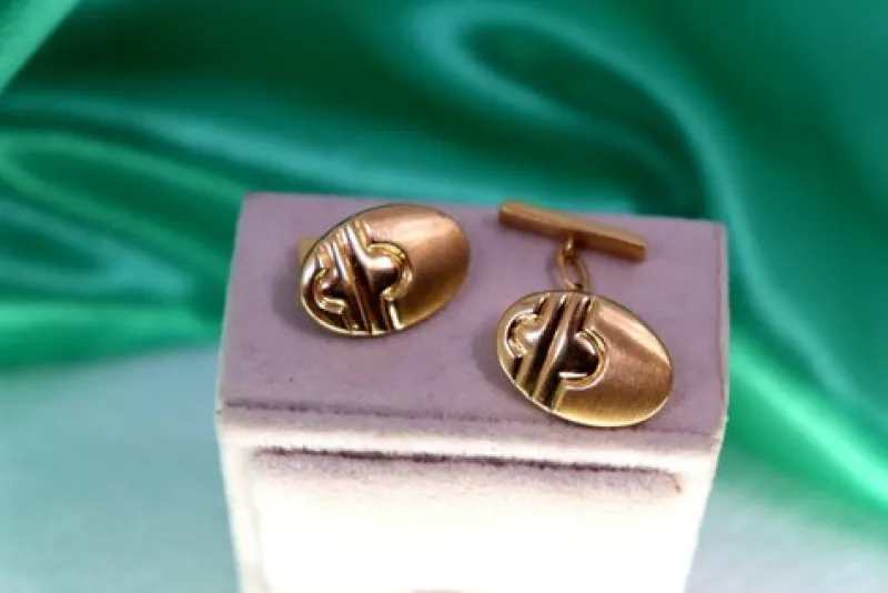 Pamono Oval Gold Cufflinks with Reliefs and Bands on the Crossbars, Set of 2> Cufflinks