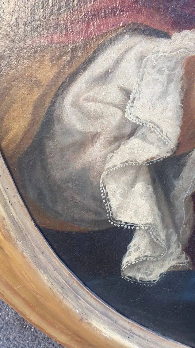 Pamono Oval Portrait of Lady with a Fan, 18th Century, Oil on Canvas, Framed