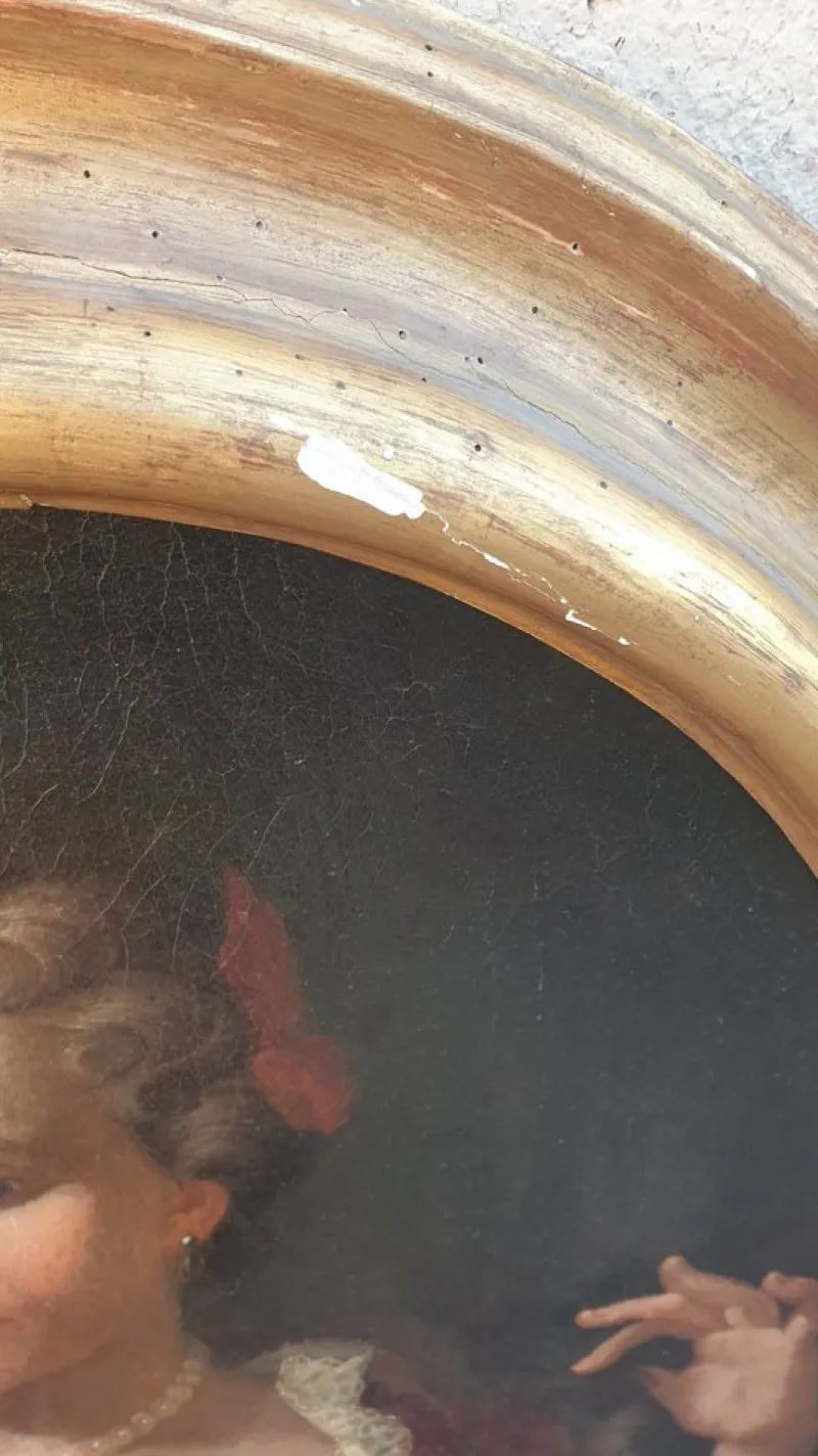 Pamono Oval Portrait of Lady with a Fan, 18th Century, Oil on Canvas, Framed