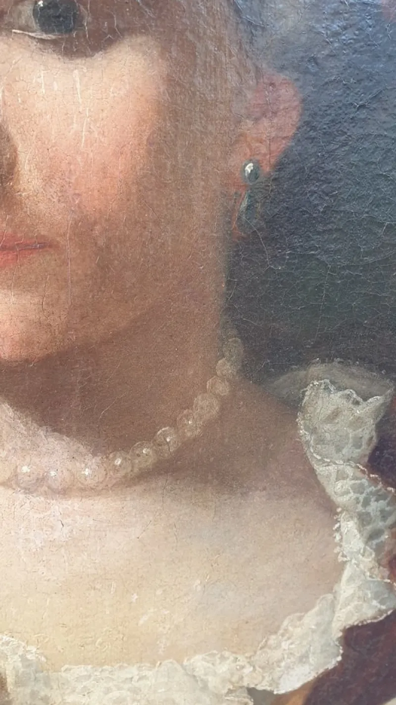 Pamono Oval Portrait of Lady with a Fan, 18th Century, Oil on Canvas, Framed
