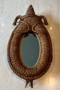 Pamono Oval Rope and Leather Mirror by Audoux & Minet> Mirrors