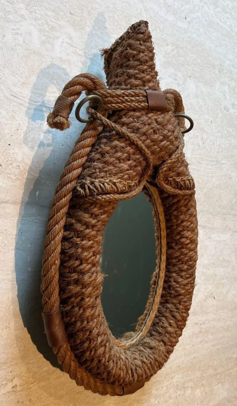 Pamono Oval Rope and Leather Mirror by Audoux & Minet> Mirrors