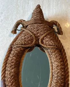 Pamono Oval Rope and Leather Mirror by Audoux & Minet><noscript><img width=