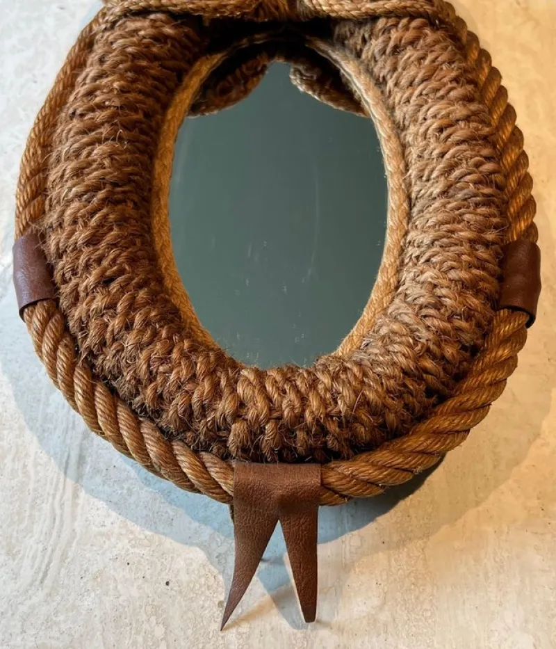 Pamono Oval Rope and Leather Mirror by Audoux & Minet> Mirrors