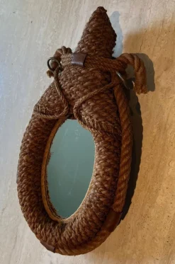 Pamono Oval Rope and Leather Mirror by Audoux & Minet><noscript><img width=
